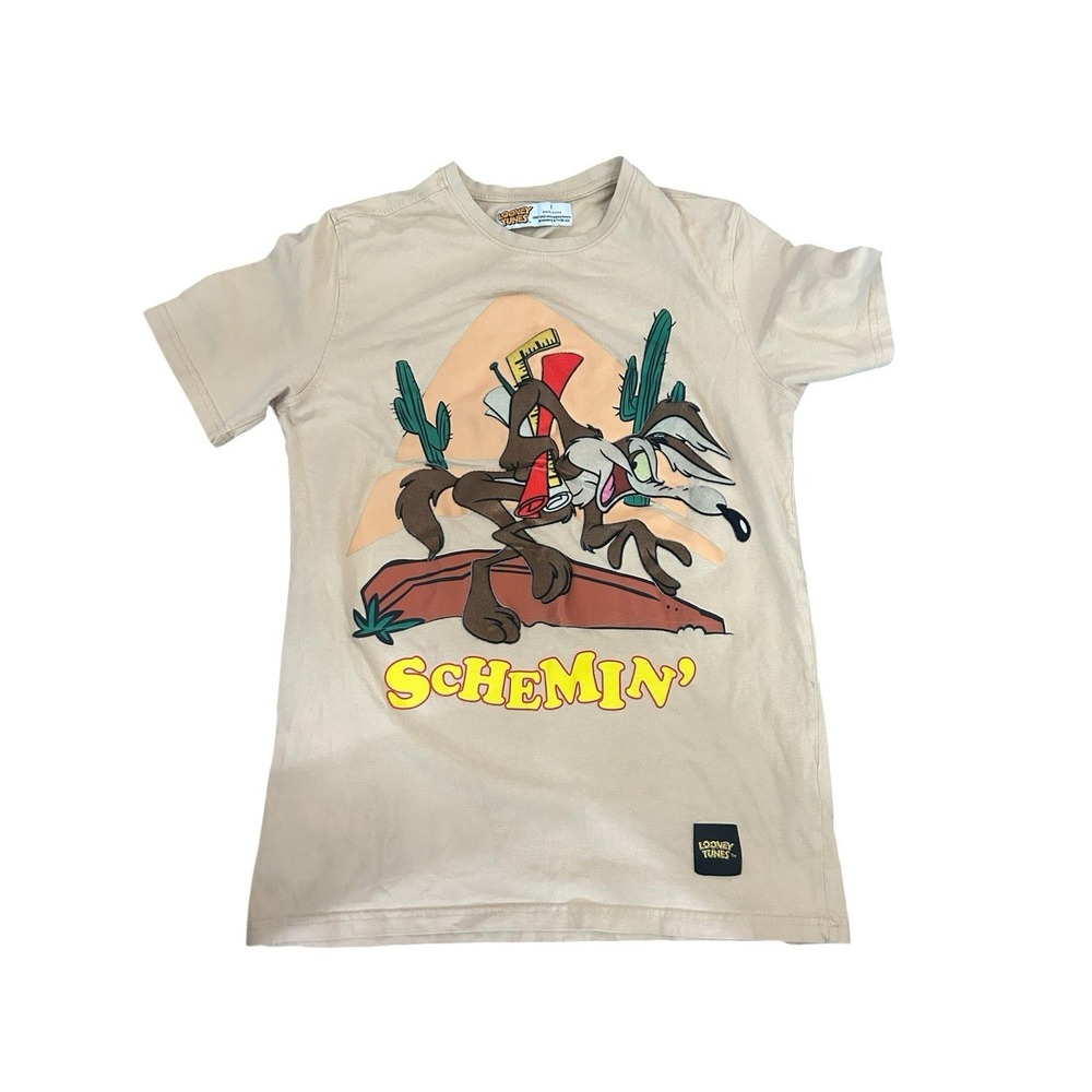 Vintage Style Looney Tunes Wile E. Coyote "Schemin" Graphic Tee Beige Tan Small
